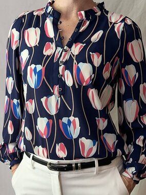 Talbots Navy Floral Tulip Blouse (Excellent Pre-Owned Condition)